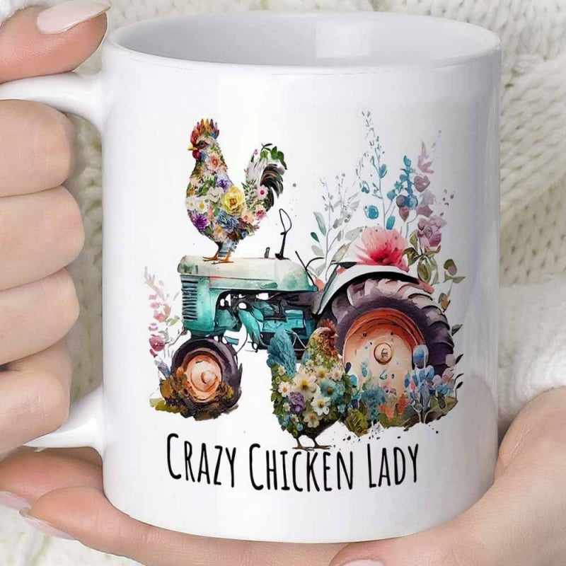 Tailorly White Ceramic 11 oz Mug - Crazy Chicken Lady Floral Vintage Farm Scene Featuring A Rooster Atop A Blue Tractor