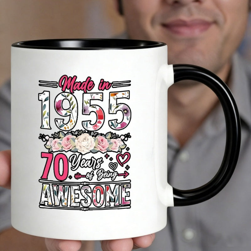 Tailorly Black Accent 11 oz Mug - 1955 of being 70th anniversary vintage text