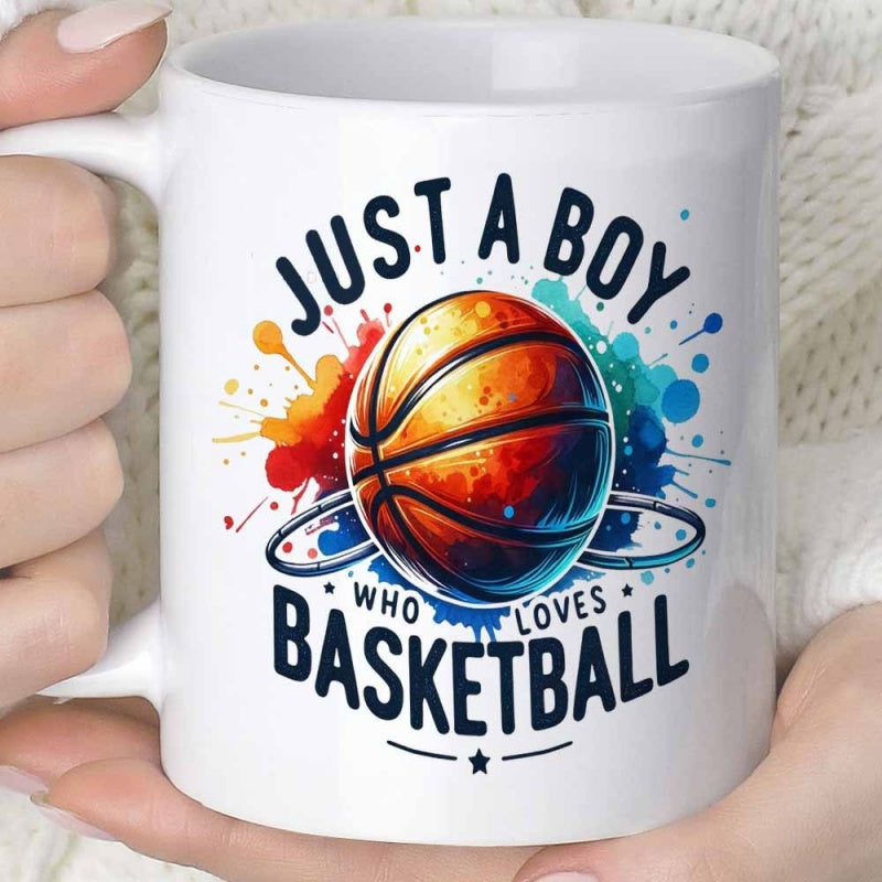 Tailorly White Ceramic 11 oz Mug - Just A Boy Who Loves Basketball Vibrant Colorful Splatter Design Featuring A Dynamic Sports Inspired Themed Basketball