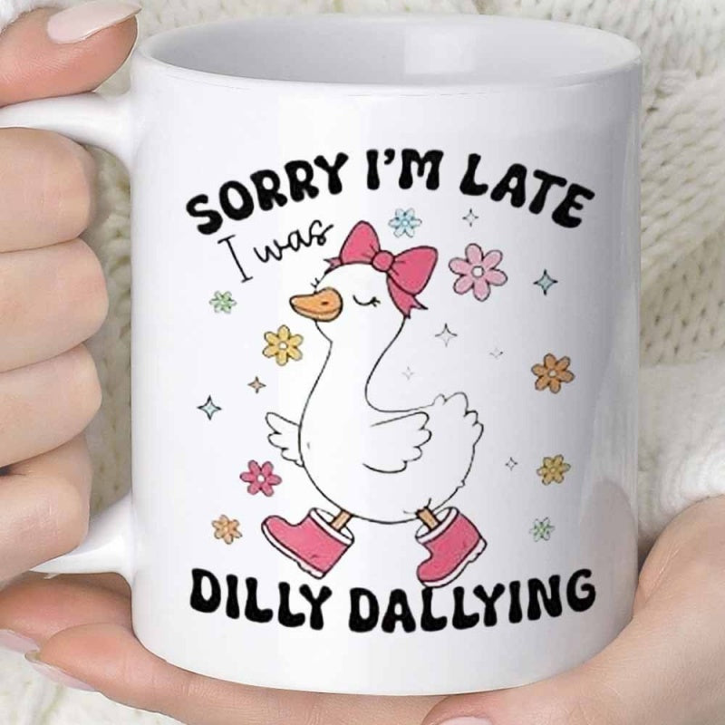 Tailorly White Ceramic 11 oz Mug - Sorry Im Late I Was Dilly Dallying Cute White Cartoon Bird Wearing Pink Bow And Boots Walking Among Flowers Goose