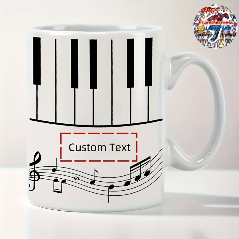 Tailorly White Ceramic 11 oz Mug - Custom Text Musical Notes And Keys Flowing Gracefully On A Classic White Ceramic Piano
