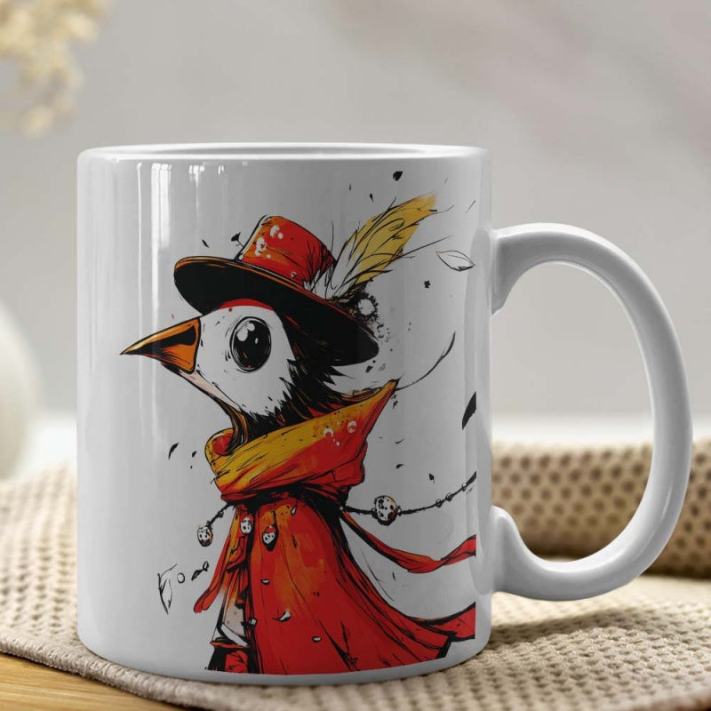 Tailorly White Ceramic 11 oz Mug - Whimsical Sketch Of Charming Little Dressed Creature Wearing Red Winter Outfit Bird