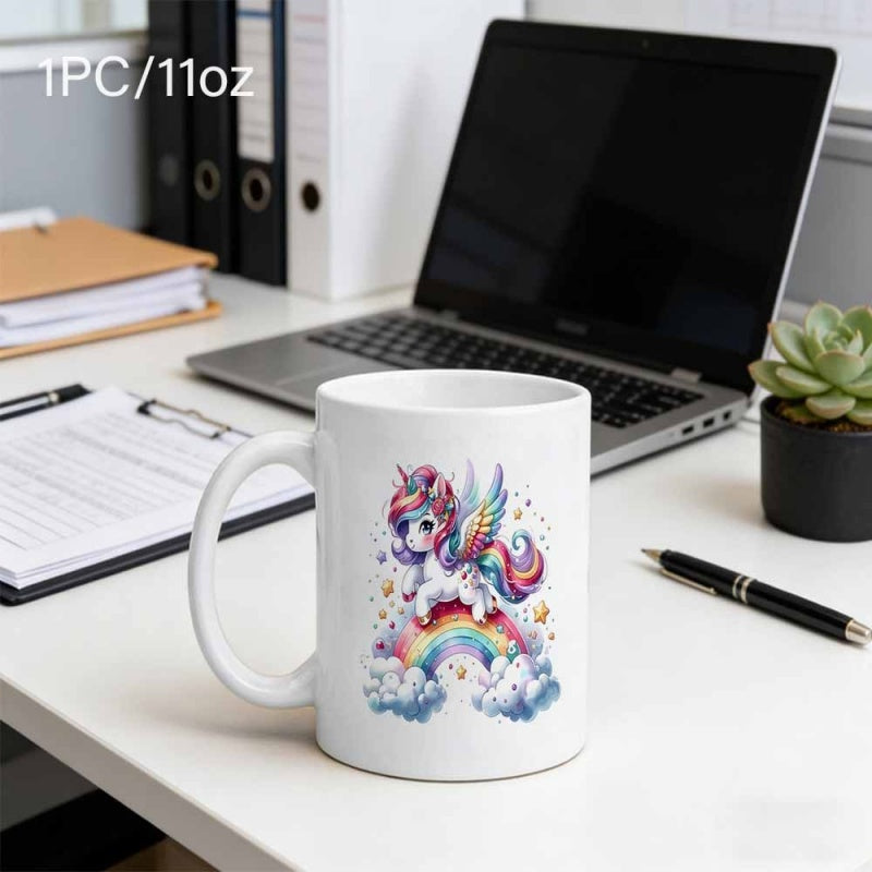 Tailorly White Ceramic 11 oz Mug - Magical Winged Unicorn With Rainbow Wings Sitting On Clouds Unicorn