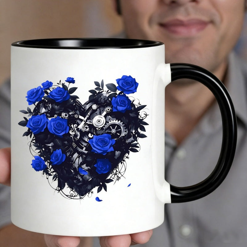 Tailorly Black Accent 11 oz Mug - blue roses heart shaped steampunk gears