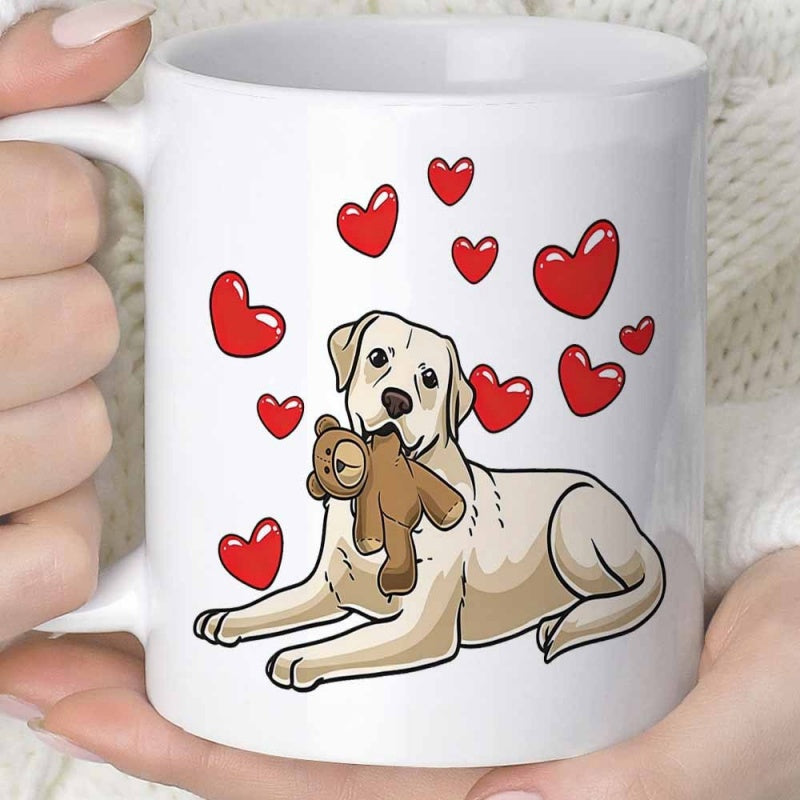 Tailorly White Ceramic 11 oz Mug - Adorable Yellow Labrador Lying Down Holding A Soft Brown Teddy Bear Dog
