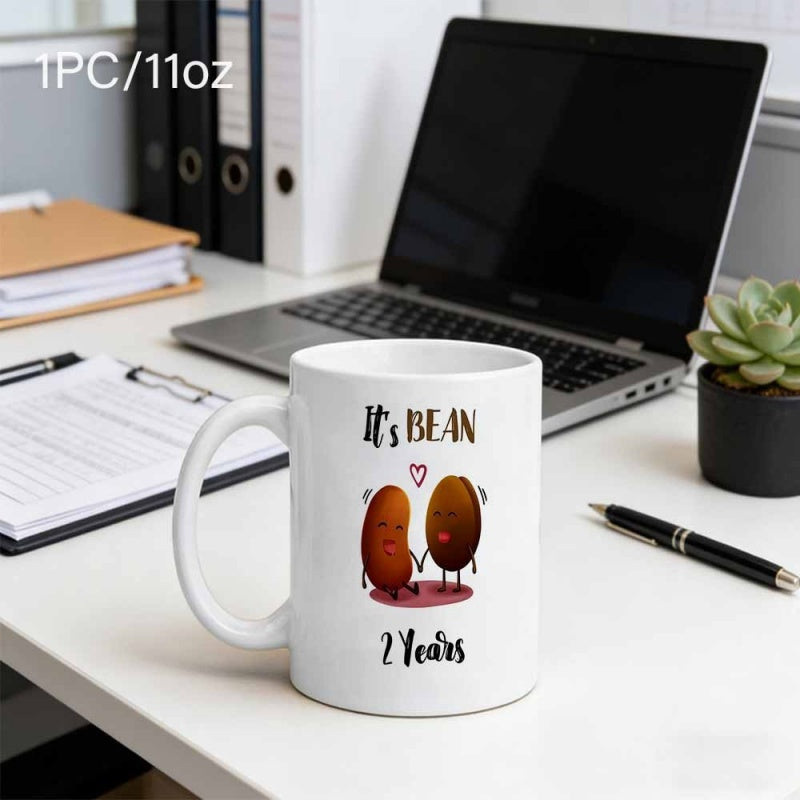 Tailorly White Ceramic 11 oz Mug - Its Bean 2 Years Two Cartoon Coffee Beans Holding Hands Under A Tiny Pink Heart Mug