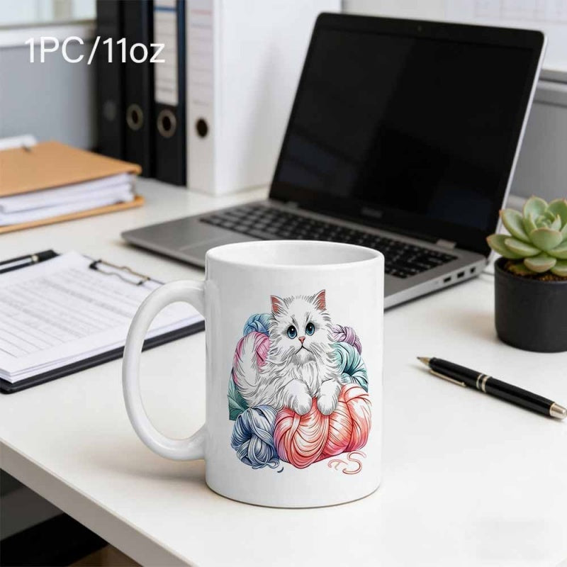 Tailorly White Ceramic 11 oz Mug - Fluffy White Feline Resting Peacefully Among Colorful Soft Woolen Yarn Balls Cat