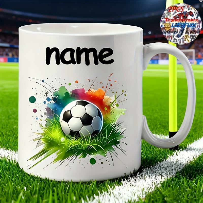 Tailorly White Ceramic 11 oz Mug - Name Vibrant Colorful Splash Background On Green Grass Resting A Classic Soccer Ball