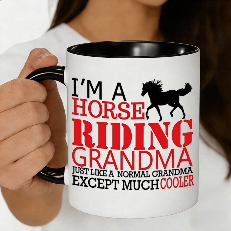 Tailorly Black Accent 11 oz Mug - "im a grandma who rides horses" text with a horse silhouette