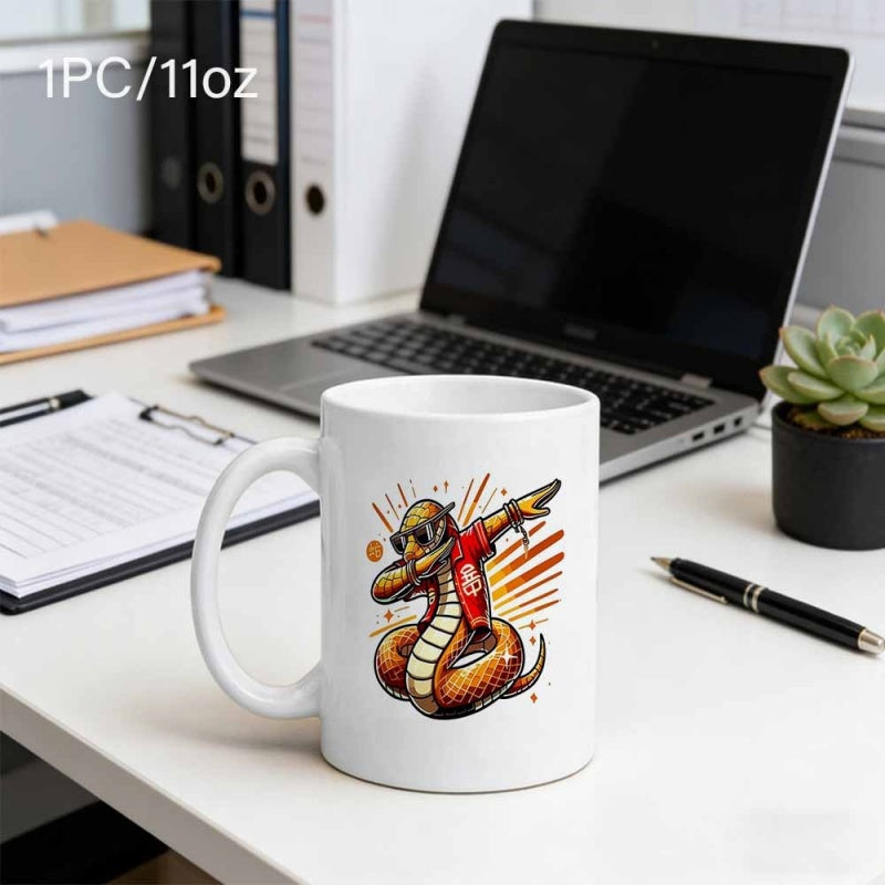 Tailorly White Ceramic 11 oz Mug - Cool Cartoon Cobra Wearing Sunglasses And Red Shirt Performing Dabbing Move Snake