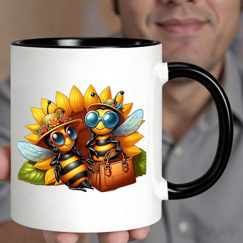 Tailorly Black Accent 11 oz Mug - two fashionable bees wearing glasses and surrounded by sunflowers