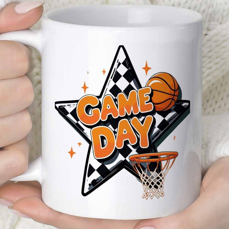 Tailorly White Ceramic 11 oz Mug - Game Day Retro Checkerboard Featuring Floating Basketball And Sports Hoop Star