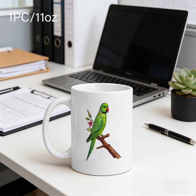 Tailorly White Ceramic 11 oz Mug - Vibrant Green Feathers Perched On A Rustic Branch With Pink Blossoms Parrot
