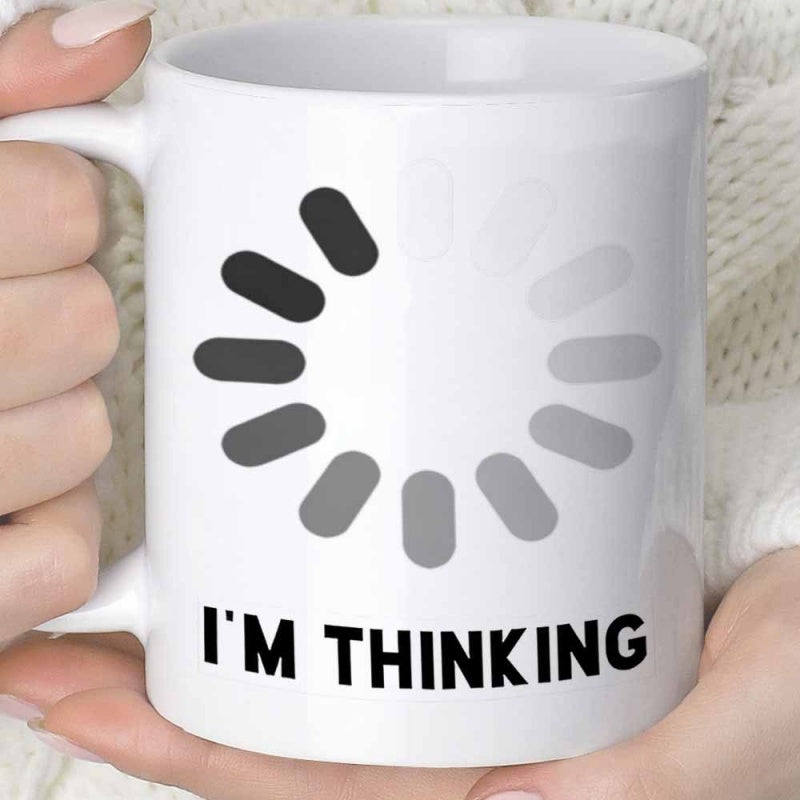Tailorly White Ceramic 11 oz Mug - Im Thinking Circular Buffering Symbol With Varying Shades Of Grey Progress Bars Icon