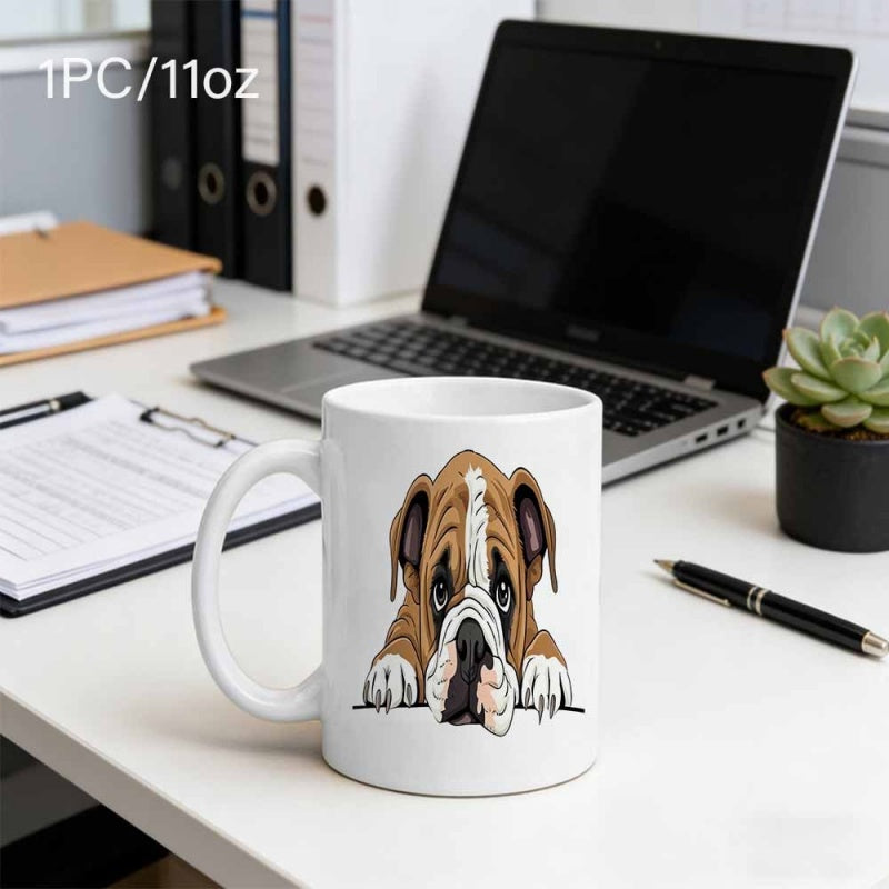Tailorly White Ceramic 11 oz Mug - Adorable Brown And White Dog Peering Over Edge With Tiny Paws Bulldog
