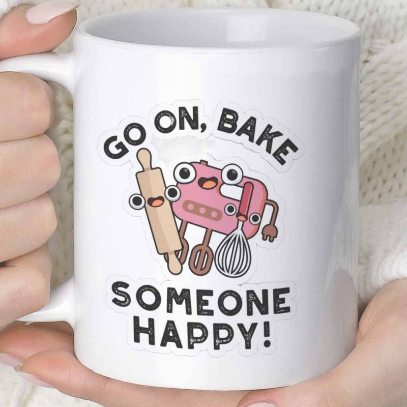 Tailorly White Ceramic 11 oz Mug - Go On Bake Someone Happy Cute Cartoon Rolling Pin Whisk And Hand Mixer Baking Set