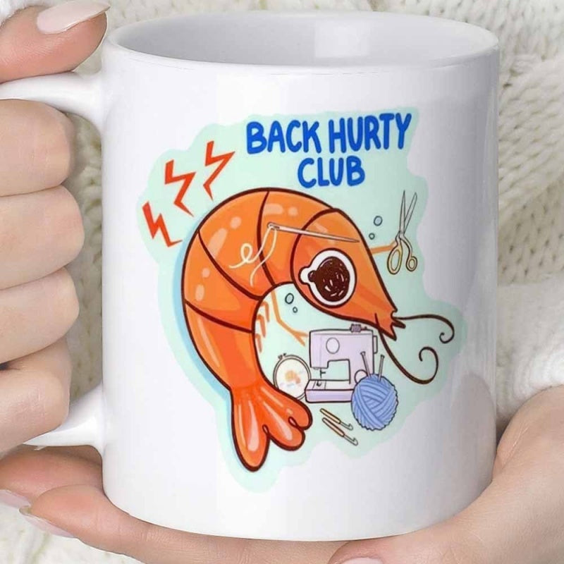 Tailorly White Ceramic 11 oz Mug - Back Hurty Club Cute Orange Prawn Sewing With Needle Thread Among Colorful Crafting Tools Shrimp