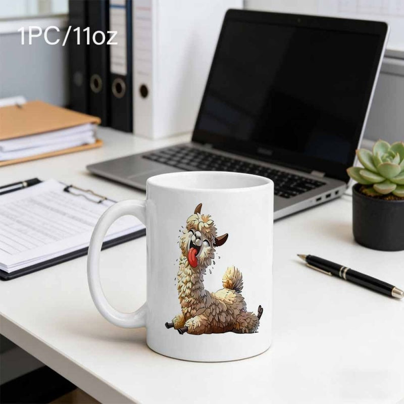 Tailorly White Ceramic 11 oz Mug - Funny Fluffy Alpaca Wearing Sunglasses Sticking Tongue Out Sitting On Ground Alpaca