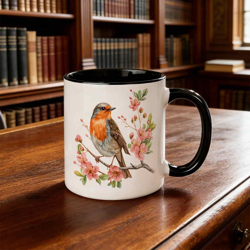 Tailorly Black Accent 11 oz Mug - whimsical bird floral branch