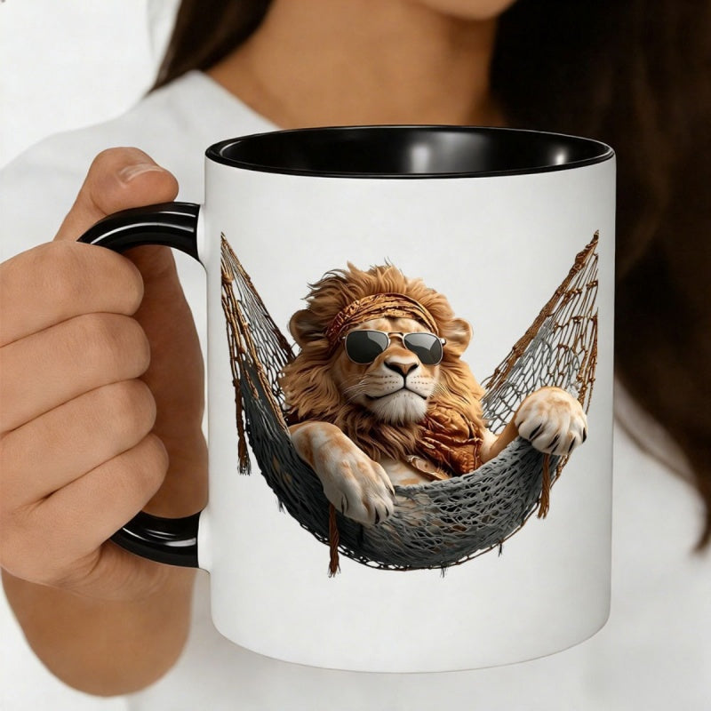 Tailorly Black Accent 11 oz Mug - lion in a hammock with glasses and bandana