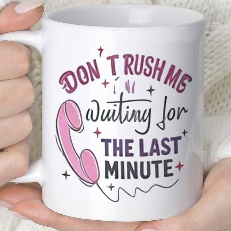 Tailorly White Ceramic 11 oz Mug - Dont Rush Me Im Waiting For The Last Minute Classic Pink Telephone Receiver Among Cute Twinkling Stars And Elegant Swirls