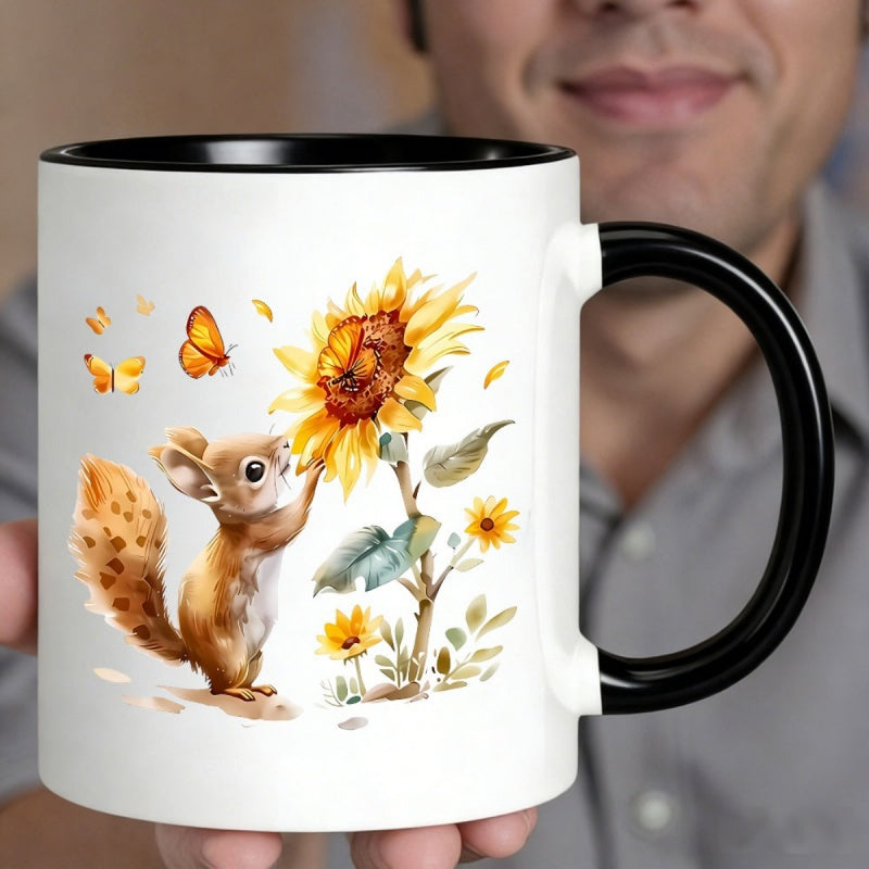 Tailorly Black Accent 11 oz Mug - adorable squirrel sunflower whimsical butterflies