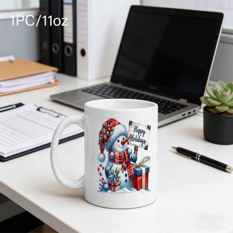 Tailorly White Ceramic 11 oz Mug - Happy Holidays Festive Winter Snowman Wearing Red Plaid Scarf Holding Sign Among Gifts Snowman