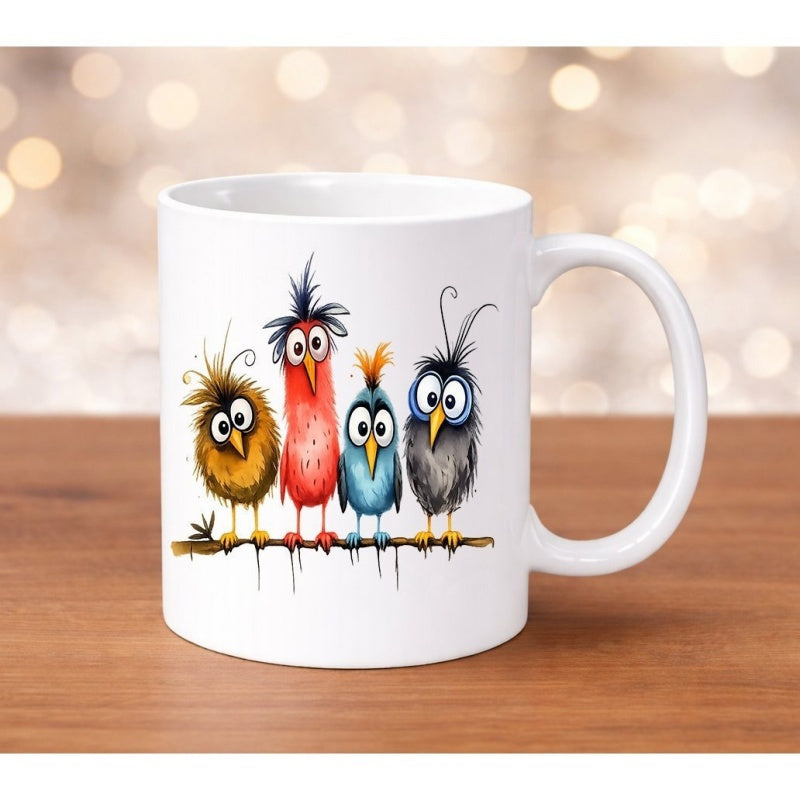 Tailorly White Ceramic 11 oz Mug - Whimsical Colorful Fuzzy Cartoon Creatures Perched Together On A Wooden Branch Birds