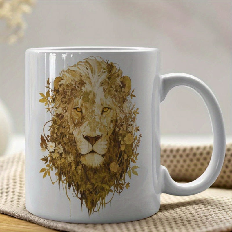 Tailorly White Ceramic 11 oz Mug - Majestic King With Mane Composed Of Intricate Flowers And Delicate Golden Leaves Lion