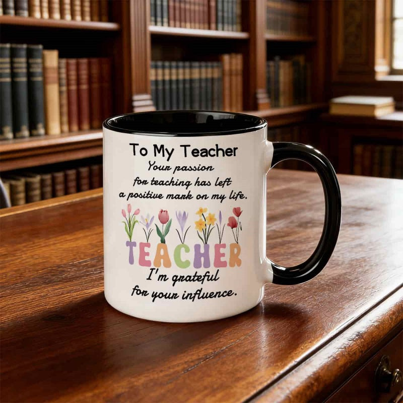 Tailorly Black Accent 11 oz Mug - teacher appreciation message with floral design