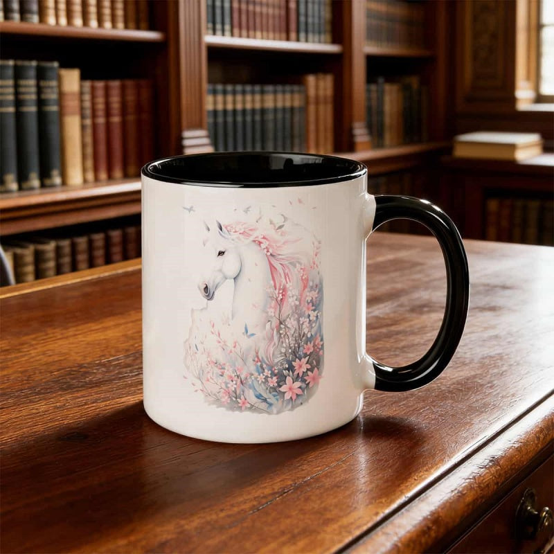 Tailorly Black Accent 11 oz Mug - white horse with pink mane