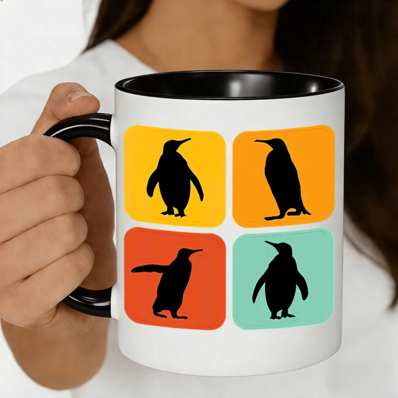 Tailorly Black Accent 11 oz Mug - 4 colorful penguin silhouette