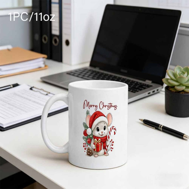 Tailorly White Ceramic 11 oz Mug - Merry Christmas Festive Tiny Wearing Santa Hat Holding Present And Candy Cane Mouse