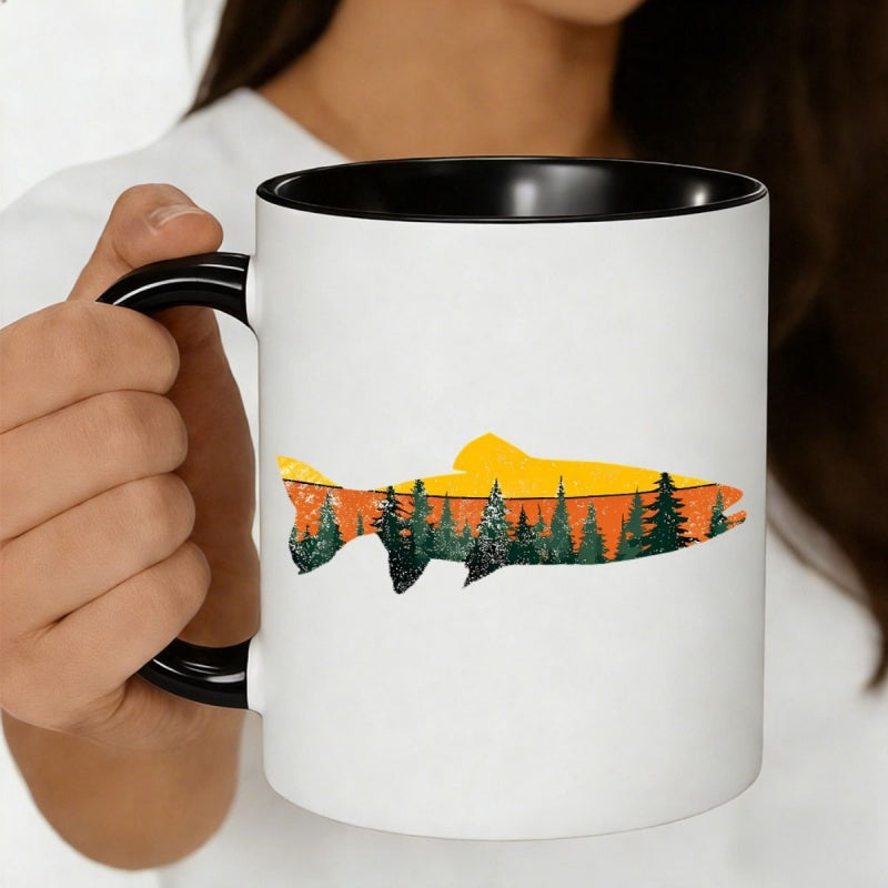 Tailorly Black Accent 11 oz Mug - vintage style fish silhouette with pine trees
