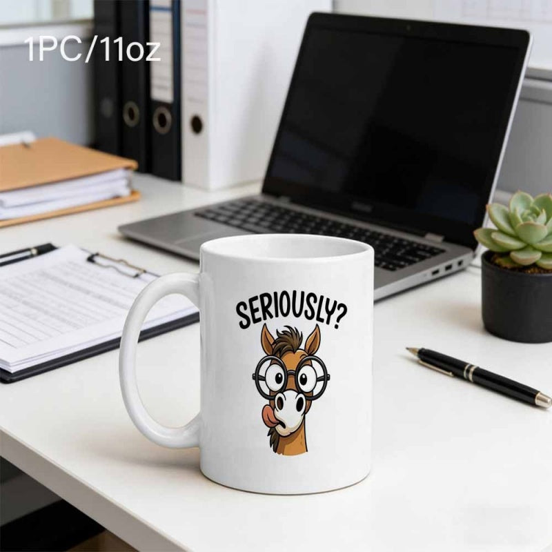 Tailorly White Ceramic 11 oz Mug - Seriously Comical Brown Horse With Round Black Glasses And Curious Expression Horse