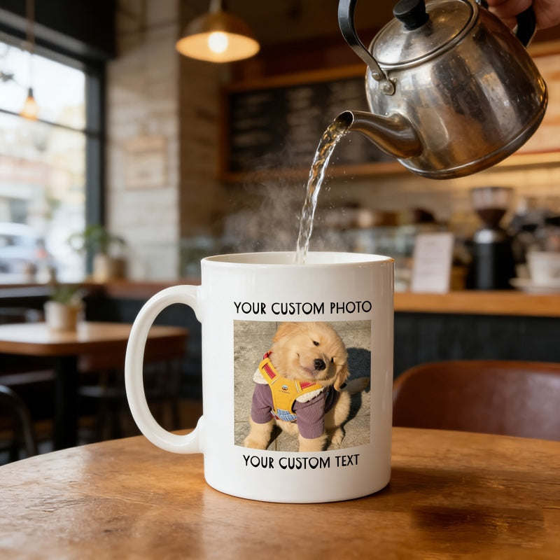 Tailorly White Ceramic 11 oz Mug - Your Custom Photo Your Custom Text Adorable Golden Retriever Wearing A Tiny Purple Vest Sitting Puppy