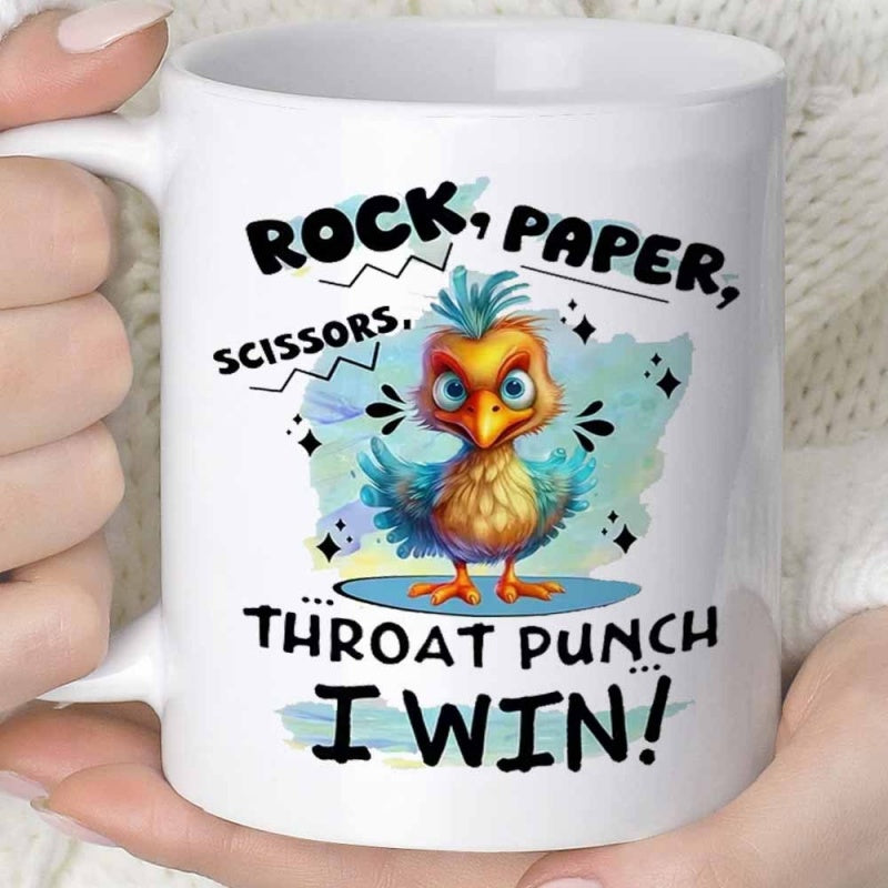 Tailorly White Ceramic 11 oz Mug - Rock Paper Scissors Throat Punch I Win Colorful Animated Bird With Blue Feathers Among Abstract Watercolor Splash Bird