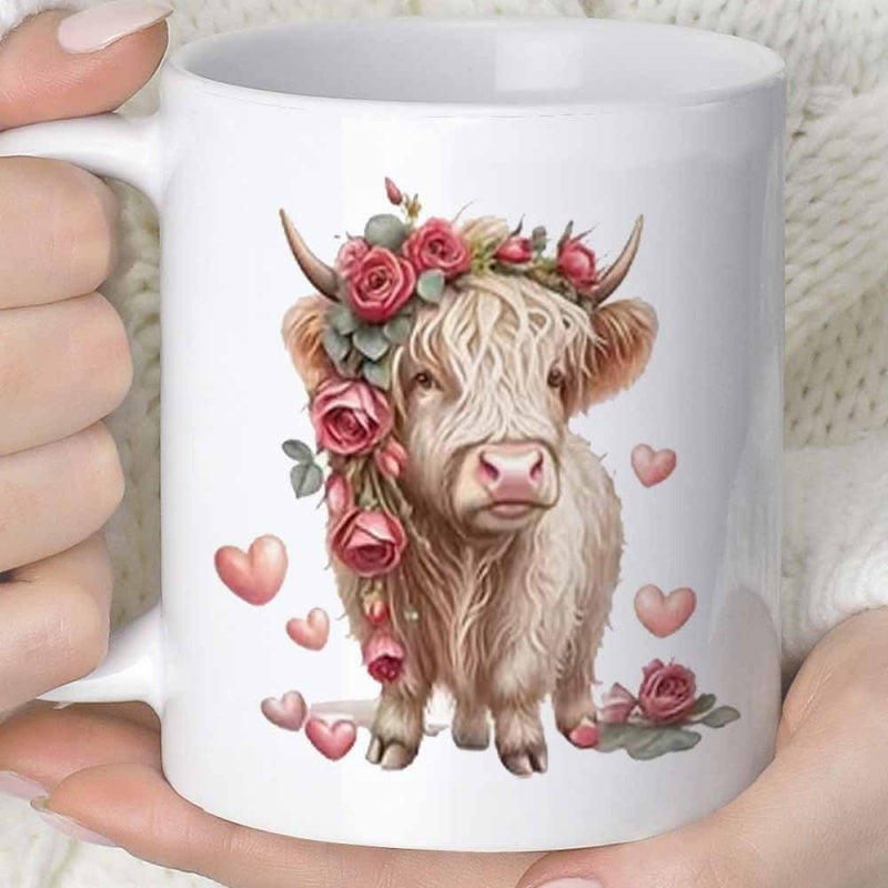 Tailorly White Ceramic 11 oz Mug - Cute Highland Calf Adorned With Elegant Pink Roses And Floating Hearts Cow