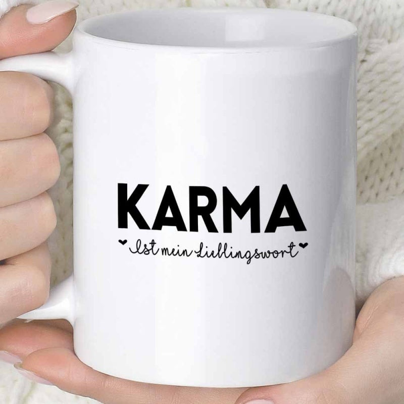 Tailorly White Ceramic 11 oz Mug - Karma Minimalist Bold Typography On A Smooth Coffee Mug