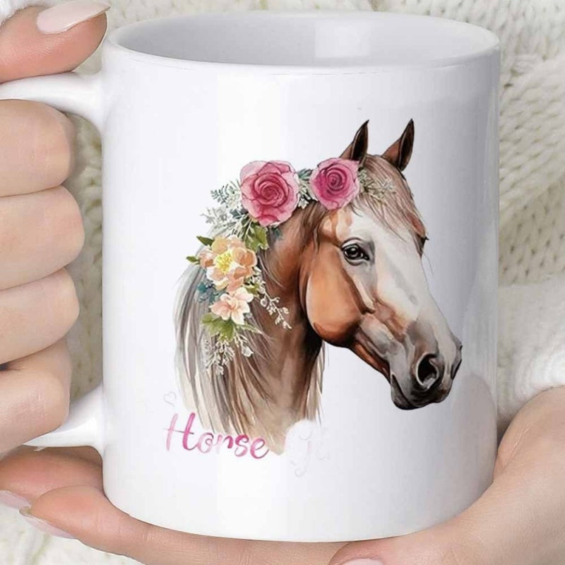 Tailorly White Ceramic 11 oz Mug - Horse Majestic Brown Mare With Elegant Pink Roses Floral Wreath Horse