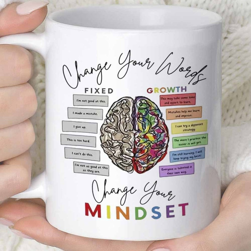Tailorly White Ceramic 11 oz Mug - Change Your Words Change Your Mindset Splitting Artistic Anatomy Featuring Vibrant Colors And Psychology Brain