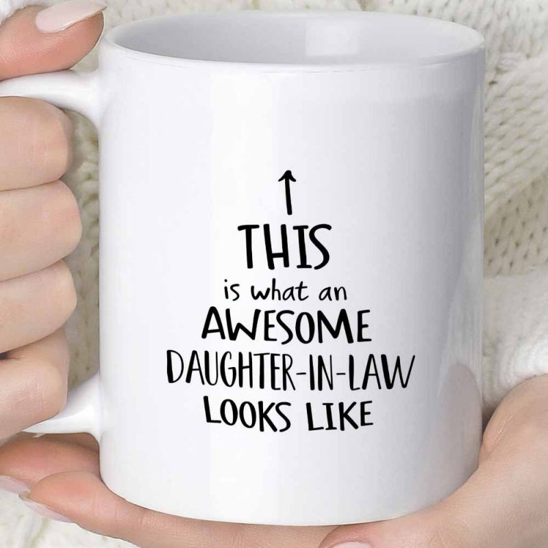 Tailorly White Ceramic 11 oz Mug - This Is What An Awesome Daughter In Law Looks Like Minimalist With Simple Small Pointing Arrow Mug
