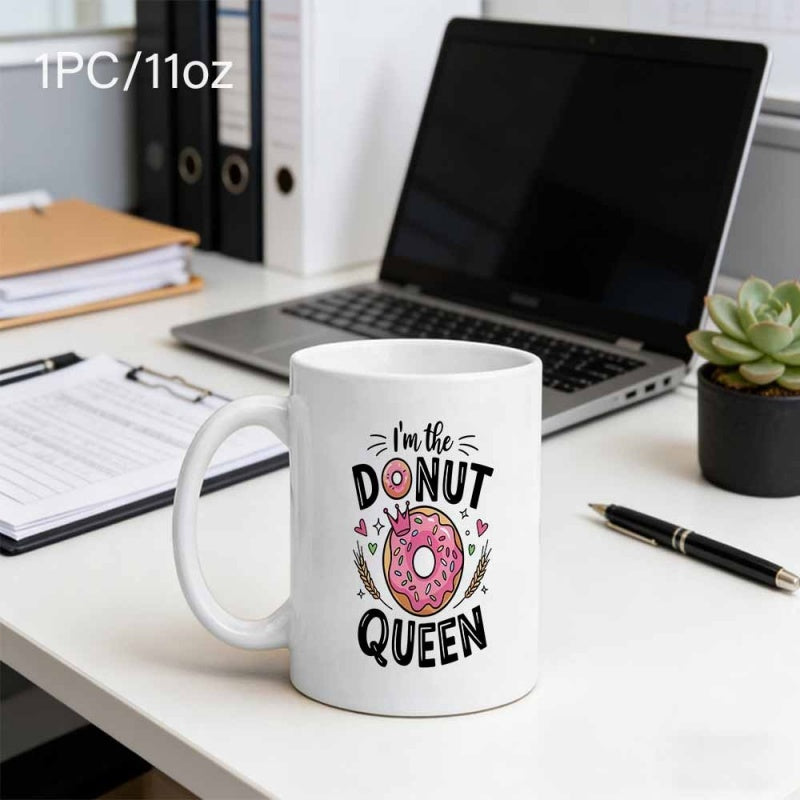 Tailorly White Ceramic 11 oz Mug - Im The Donut Queen Sweet Pink Glazed Pattern With Sprinkles And Tiny Red Heart Donut