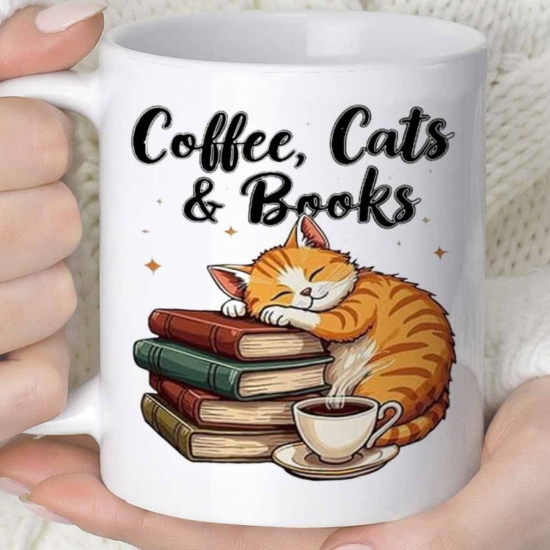 Tailorly White Ceramic 11 oz Mug - Coffee Cats Books Adorable Orange Tabby Sleeping Peacefully On Stacked Vintage Novels Cat