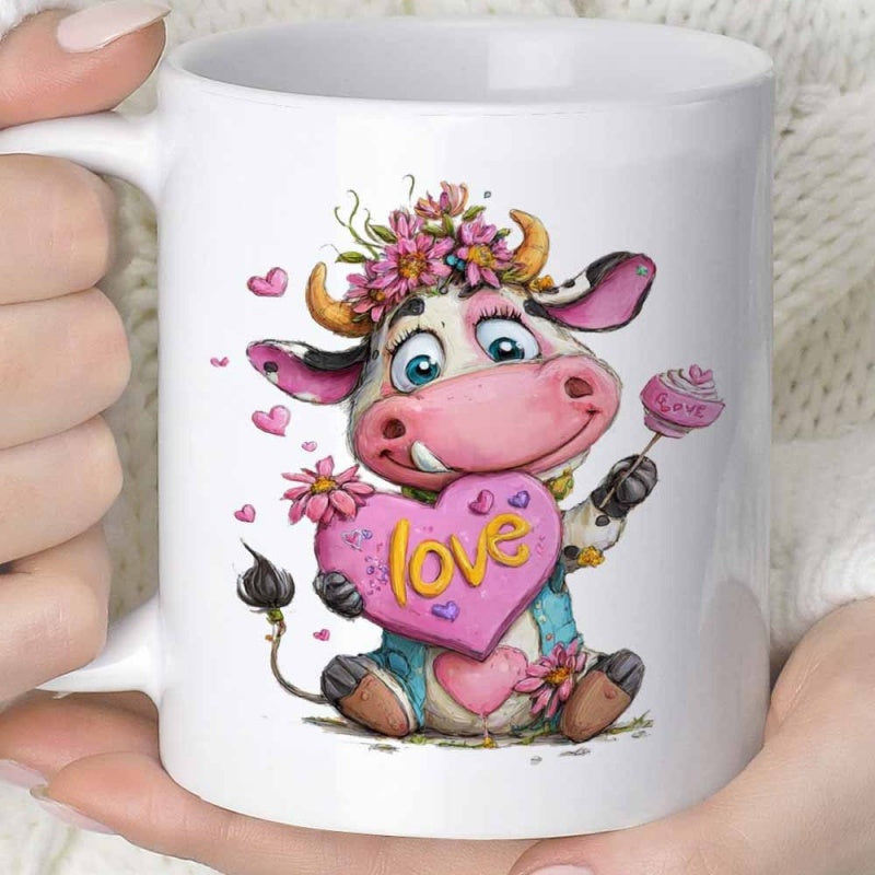 Tailorly White Ceramic 11 oz Mug - Love Adorable Cartoon Animal Wearing Pink Flower Crown Holding Heart And Lollipop Cow