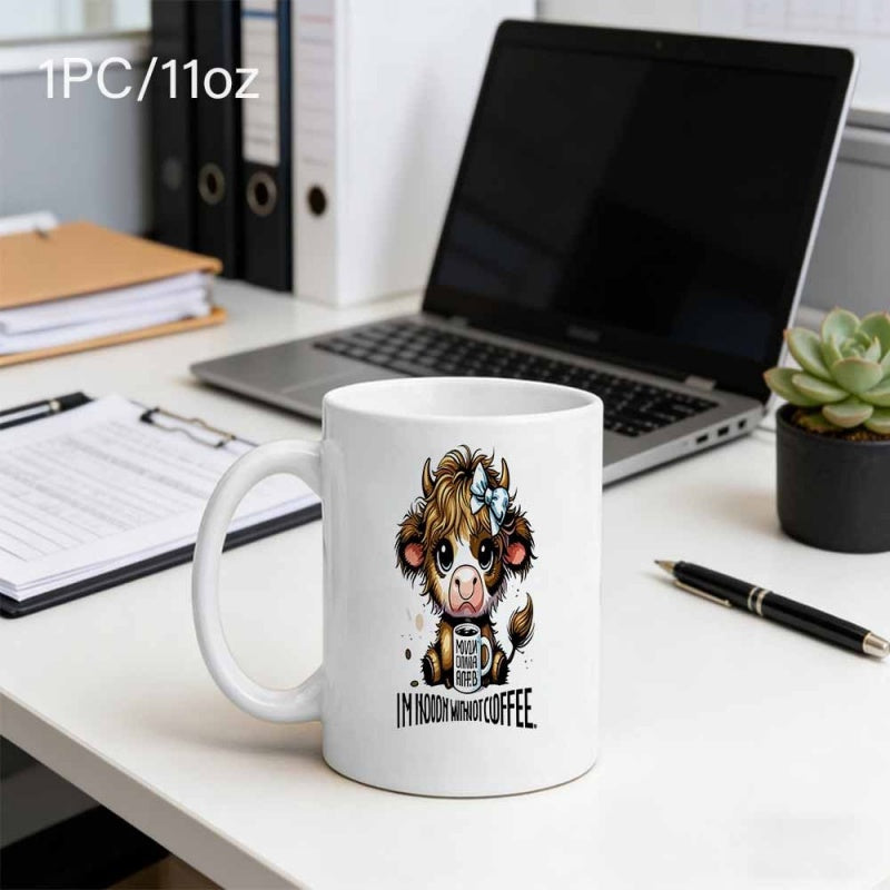 Tailorly White Ceramic 11 oz Mug - Im Moody Without Coffee Adorable Shaggy Highland Cow Wearing Bow Holding Steaming Cup Of Coffee Cow