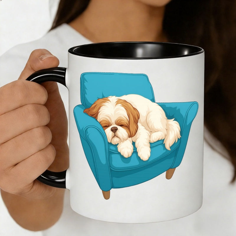 Tailorly Black Accent 11 oz Mug - shih tzu on blue armchair adorable cartoon