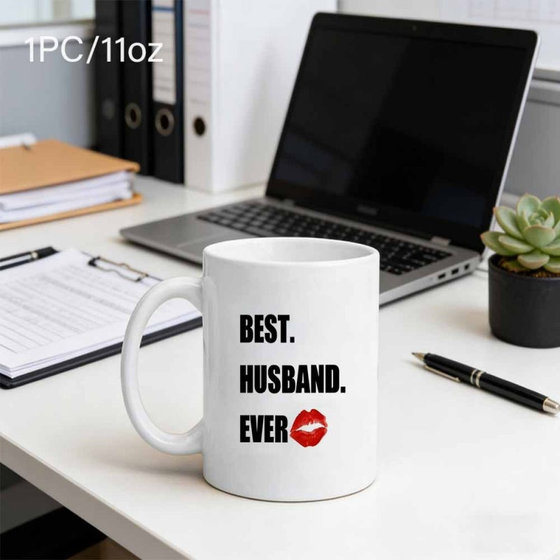 Tailorly White Ceramic 11 oz Mug - Best Husband Ever Vibrant Red Kiss Mark Printed On A Minimalist