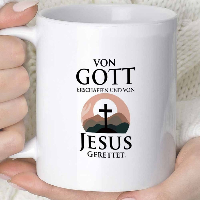 Tailorly White Ceramic 11 oz Mug - Serene Mountain Landscape Under Rising Sun With A Silhouette Cross