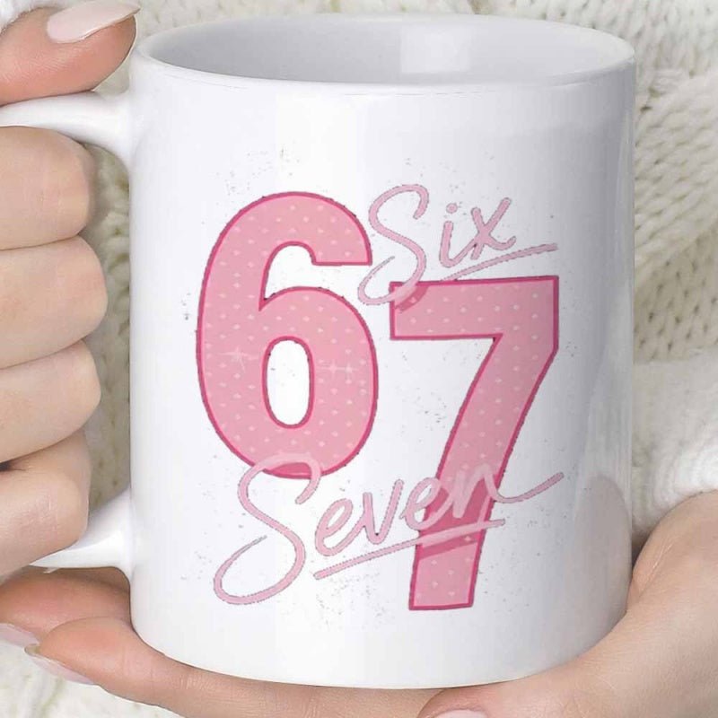Tailorly White Ceramic 11 oz Mug - Six Seven Sparkling Pink Textured Numbers Featuring Elegant Script Calligraphy Decorative Birthday Number